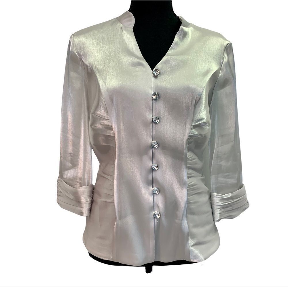 Laura Petites Silver pearl shiny coloured evening formal blouse size 10P